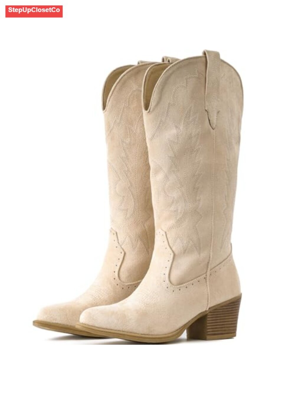 Suede Cowgirl Boots Chunky Heel Pointed Toe Mid-Calf Pull-On - Picture 1 of 6